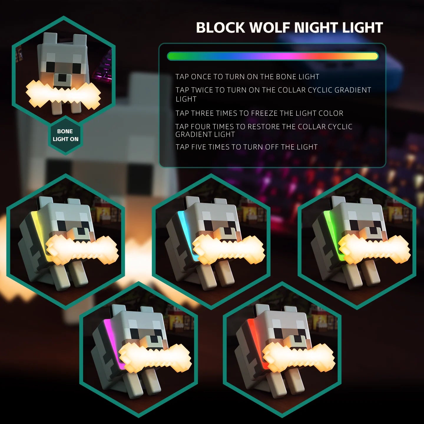 MC Game Cute Wolf Dog Night Light RGB Officially Licensed Decor And Desk Lamp For Gaming Room Or Kids And Bedroom